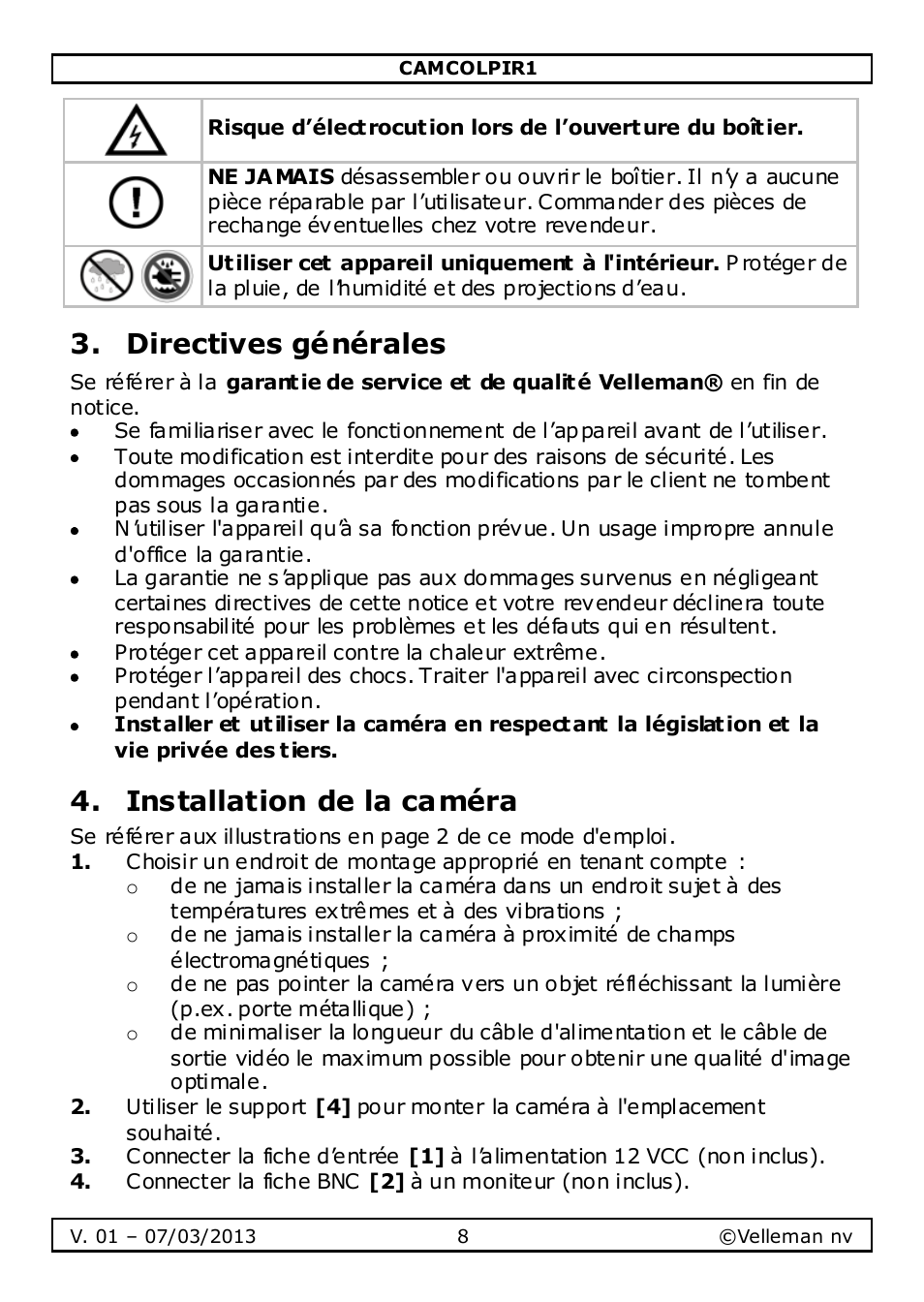 Directives générales, Installation de la caméra | Velleman CAMCOLPIR1 User Manual | Page 8 / 17