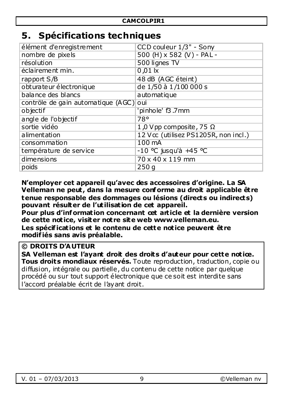 Spécifications techniques | Velleman CAMCOLPIR1 User Manual | Page 9 / 17