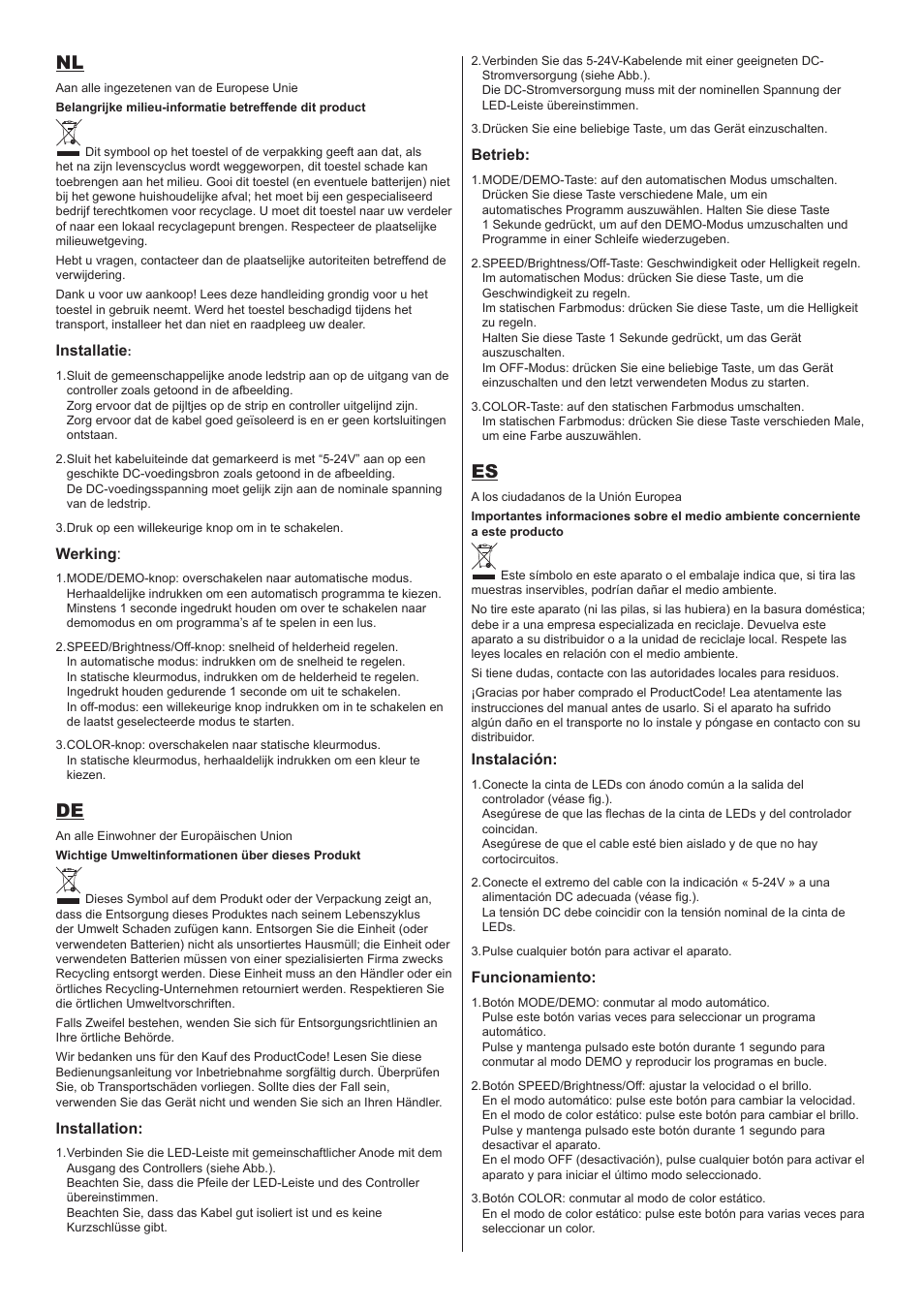 Installatie, Werking, Installation | Betrieb, Instalación, Funcionamiento | Velleman LEDC03 User Manual | Page 2 / 5