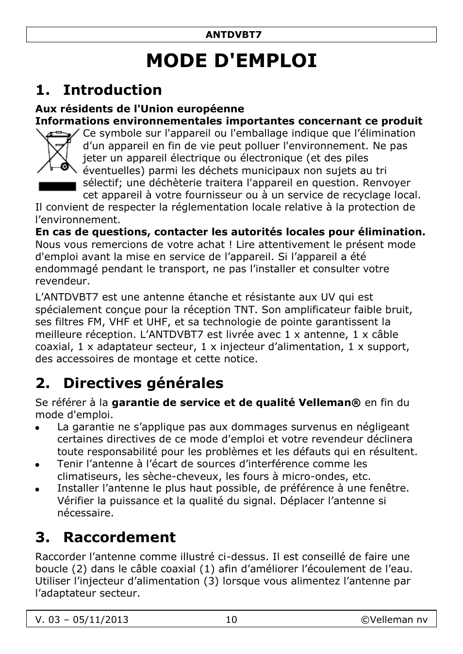 Mode d'emploi, Introduction, Directives générales | Raccordement | Velleman ANTDVBT7 User Manual | Page 10 / 24