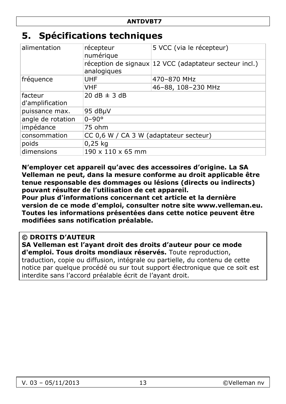 Spécifications techniques | Velleman ANTDVBT7 User Manual | Page 13 / 24
