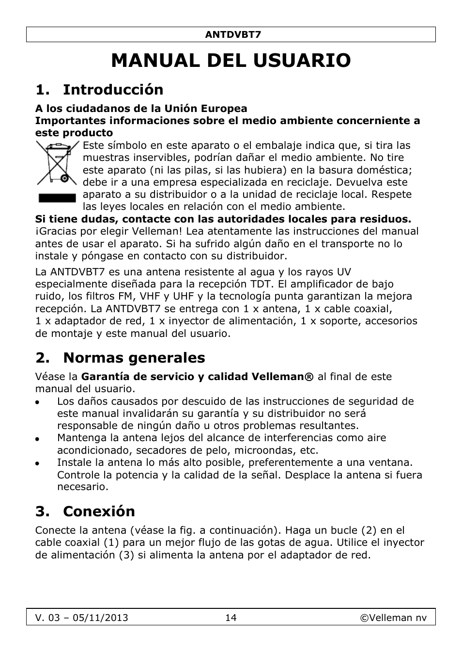 Manual del usuario, Introducción, Normas generales | Conexión | Velleman ANTDVBT7 User Manual | Page 14 / 24