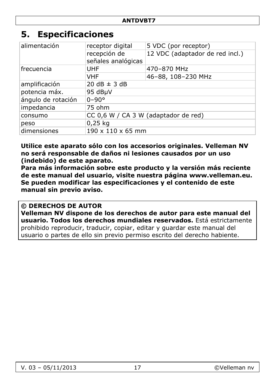 Especificaciones | Velleman ANTDVBT7 User Manual | Page 17 / 24