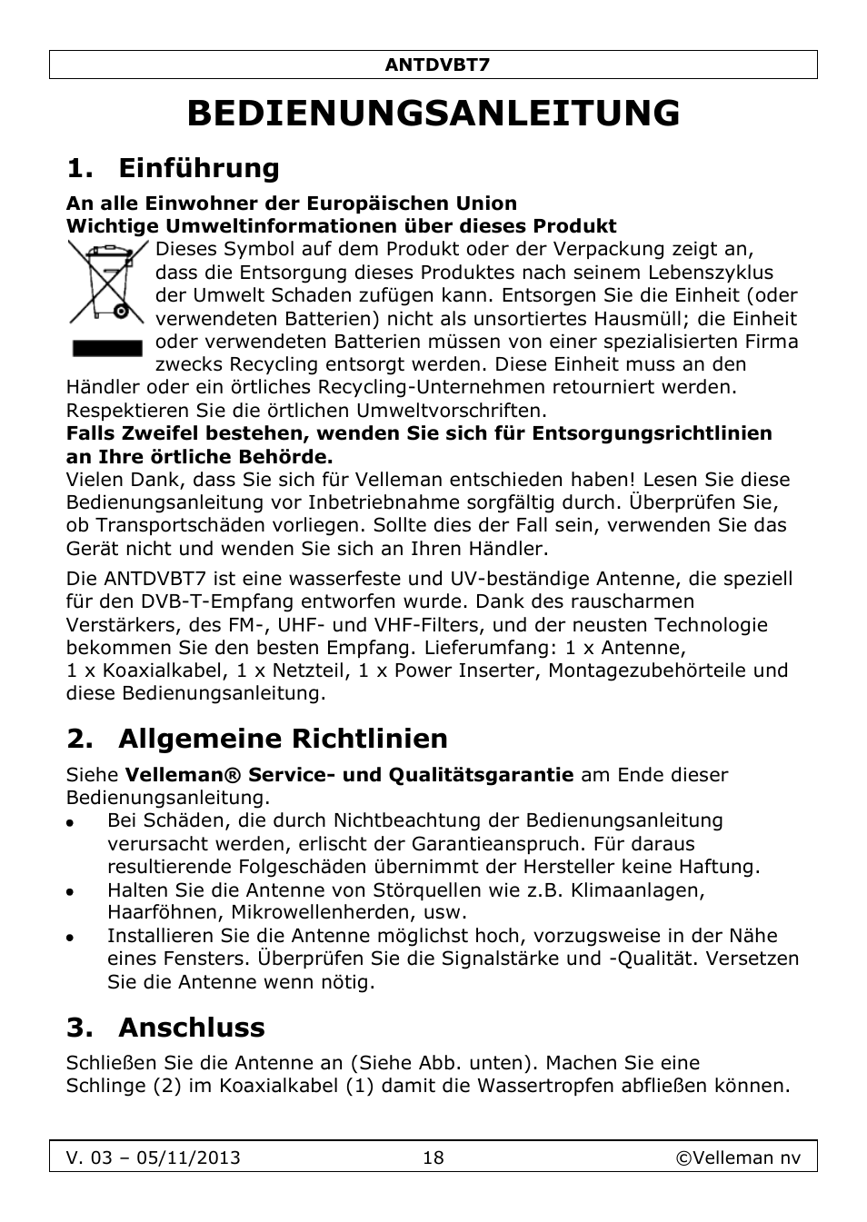 Bedienungsanleitung, Einführung, Allgemeine richtlinien | Anschluss | Velleman ANTDVBT7 User Manual | Page 18 / 24