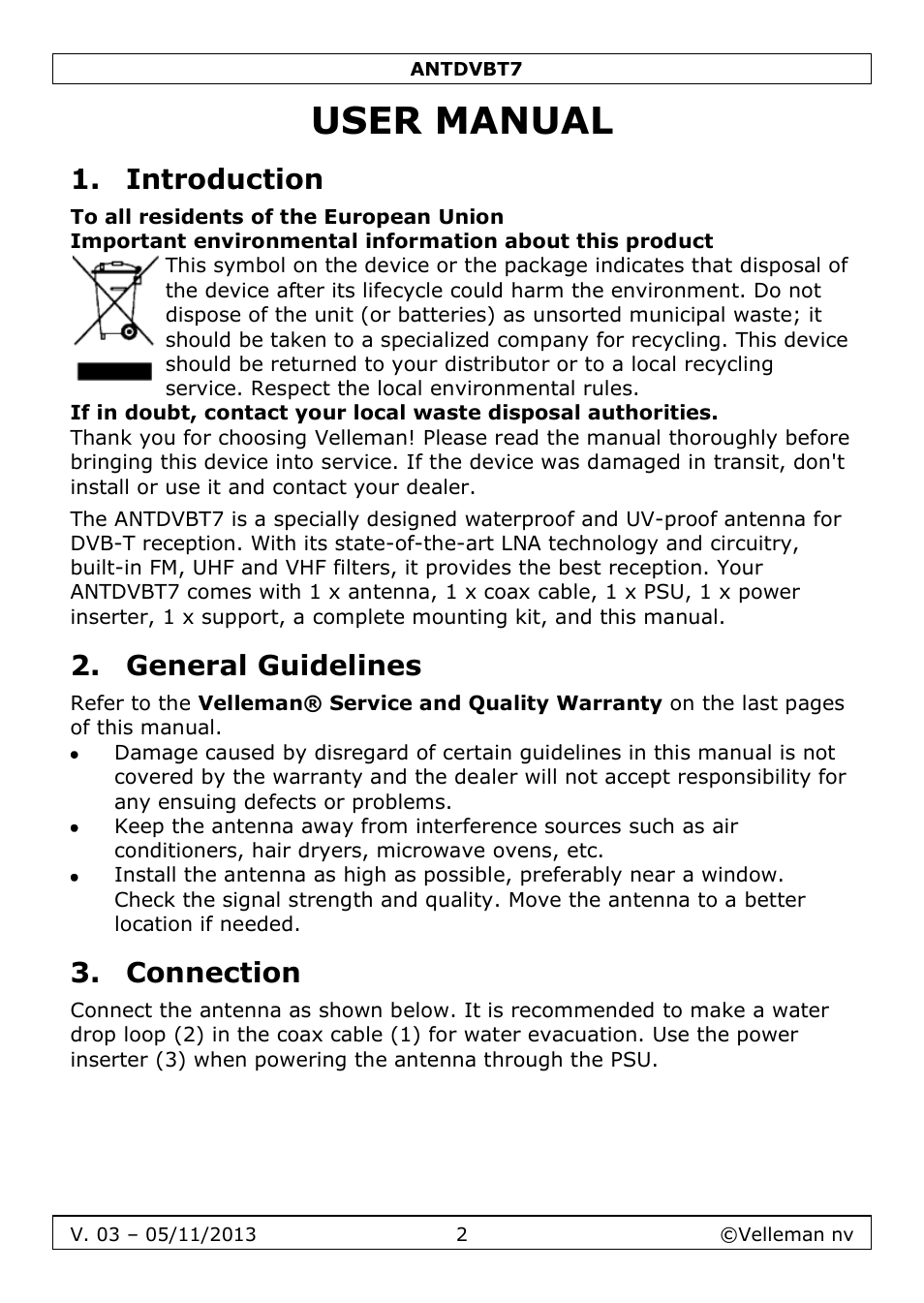 User manual, Introduction, General guidelines | Connection | Velleman ANTDVBT7 User Manual | Page 2 / 24