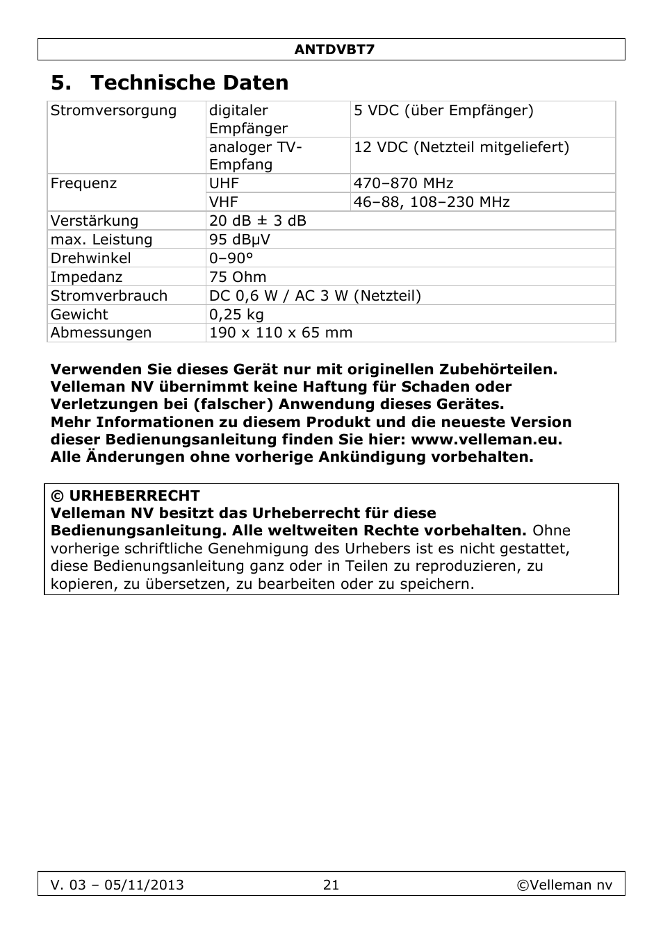 Technische daten | Velleman ANTDVBT7 User Manual | Page 21 / 24