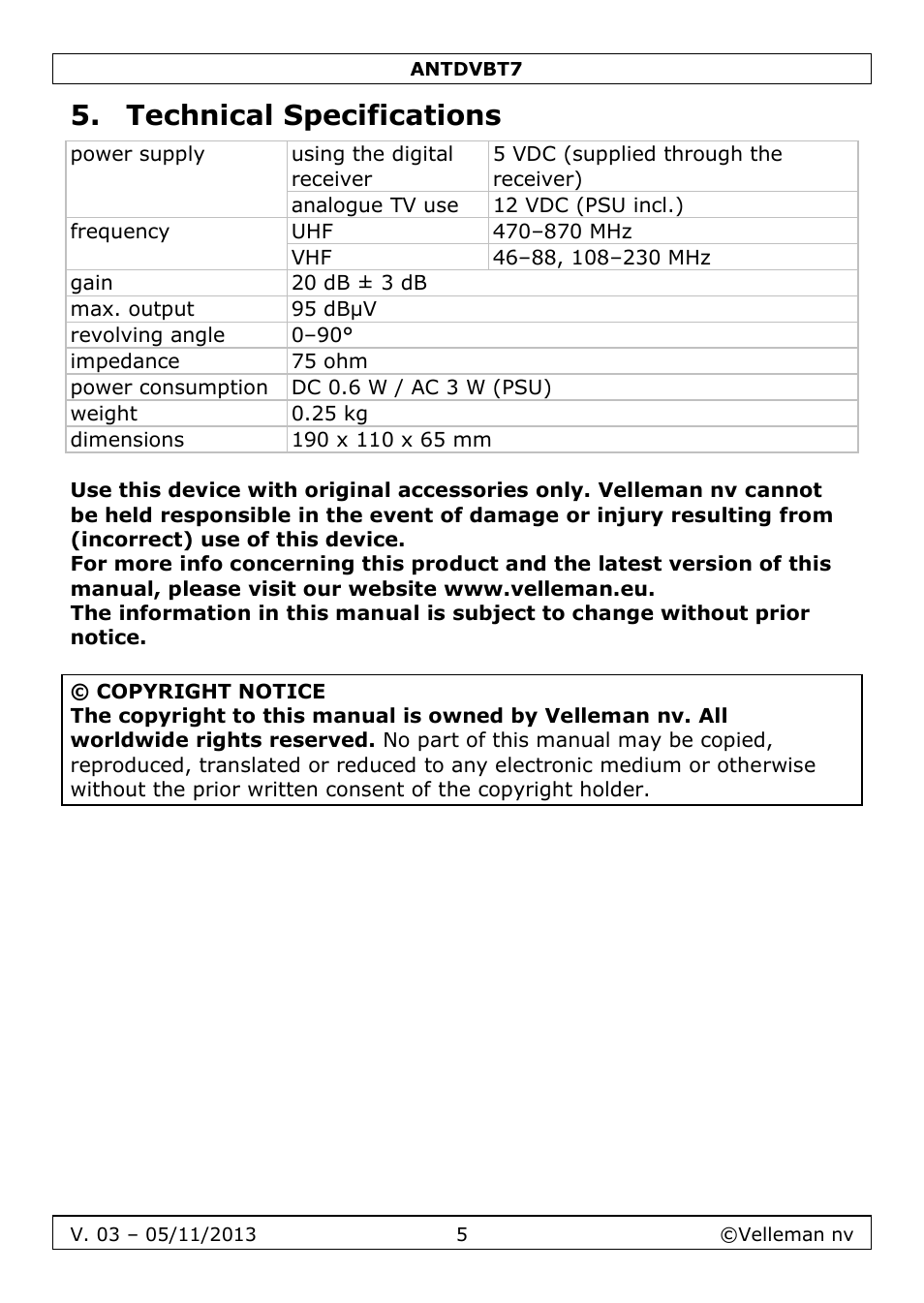 Technical specifications | Velleman ANTDVBT7 User Manual | Page 5 / 24