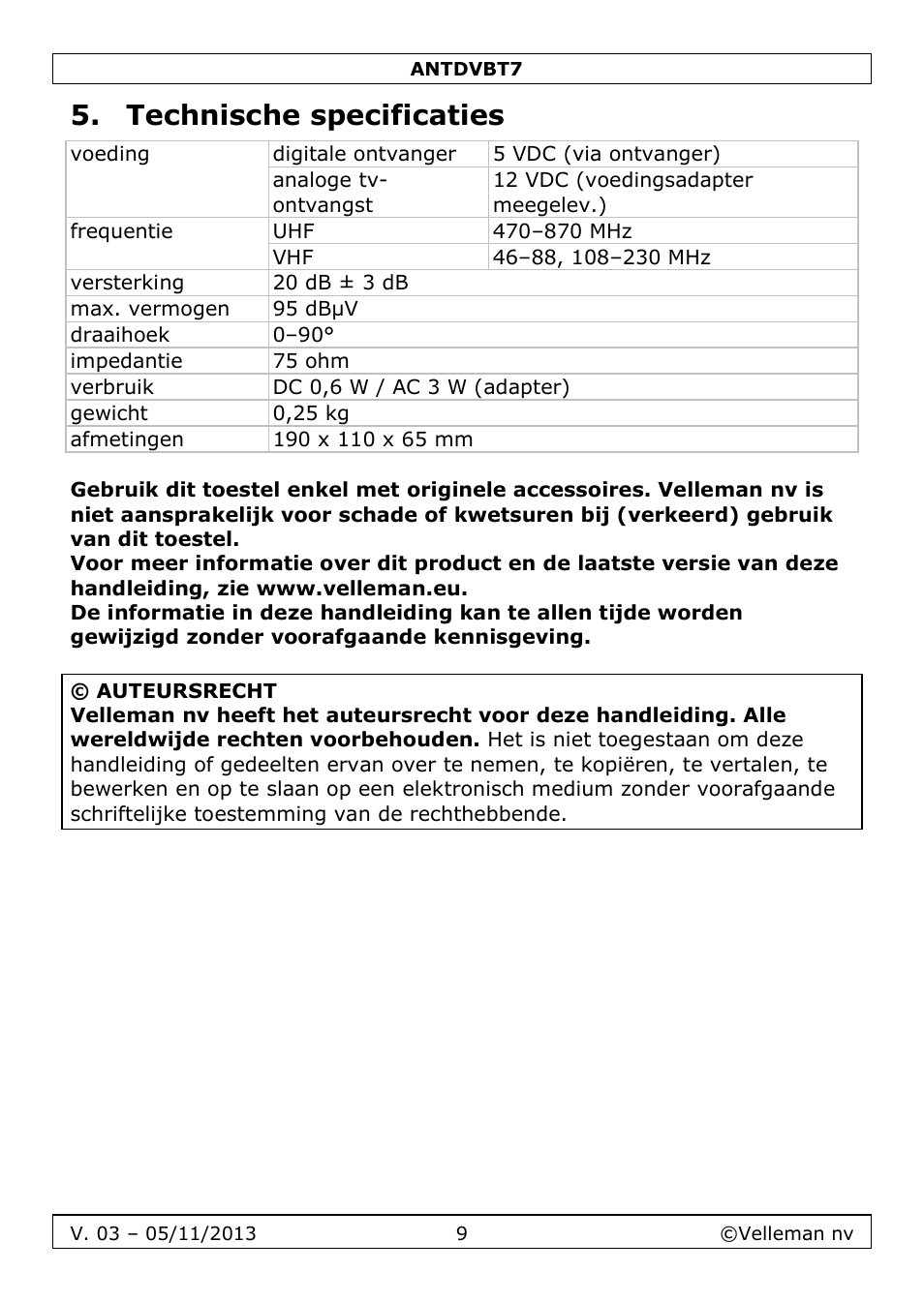 Technische specificaties | Velleman ANTDVBT7 User Manual | Page 9 / 24