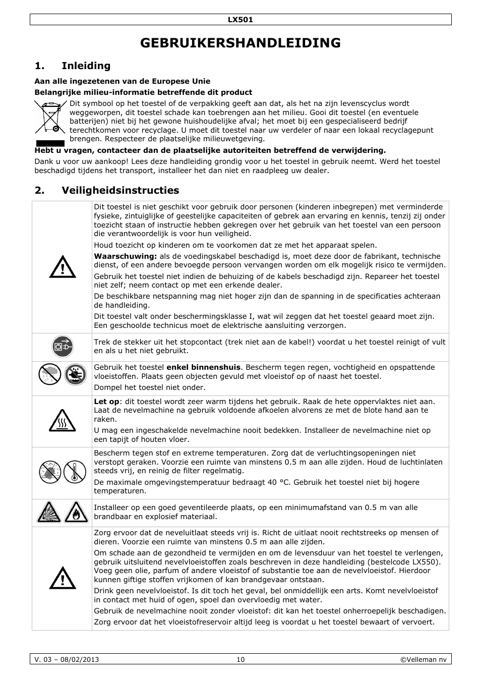 Gebruikershandleiding, Inleiding, Veiligheidsinstructies | Velleman LX501 User Manual | Page 10 / 33