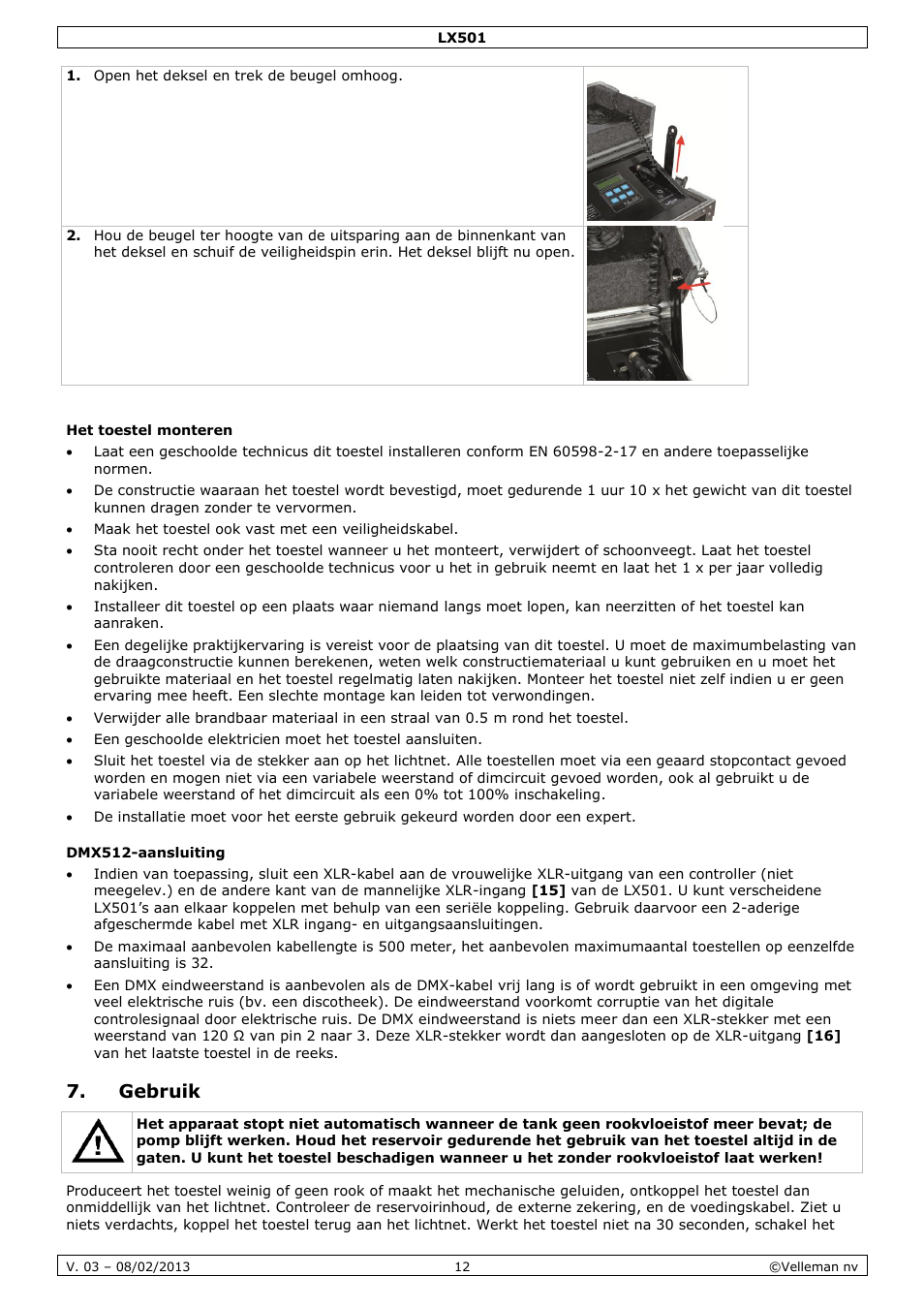 Het toestel monteren, Dmx512-aansluiting, Gebruik | Velleman LX501 User Manual | Page 12 / 33
