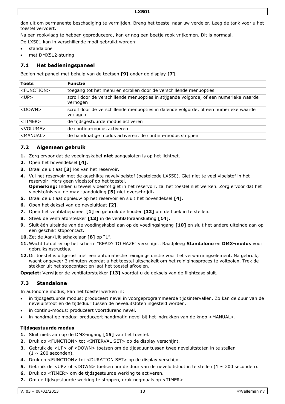 1 het bedieningspaneel, 2 algemeen gebruik, 3 standalone | Tijdsgestuurde modus | Velleman LX501 User Manual | Page 13 / 33