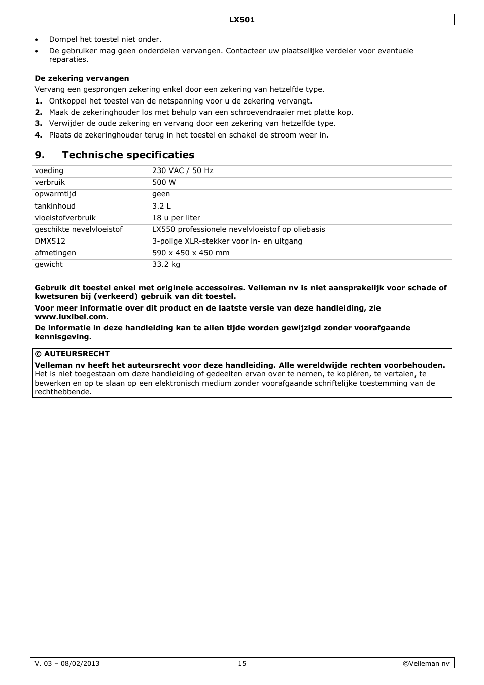 De zekering vervangen, Technische specificaties | Velleman LX501 User Manual | Page 15 / 33