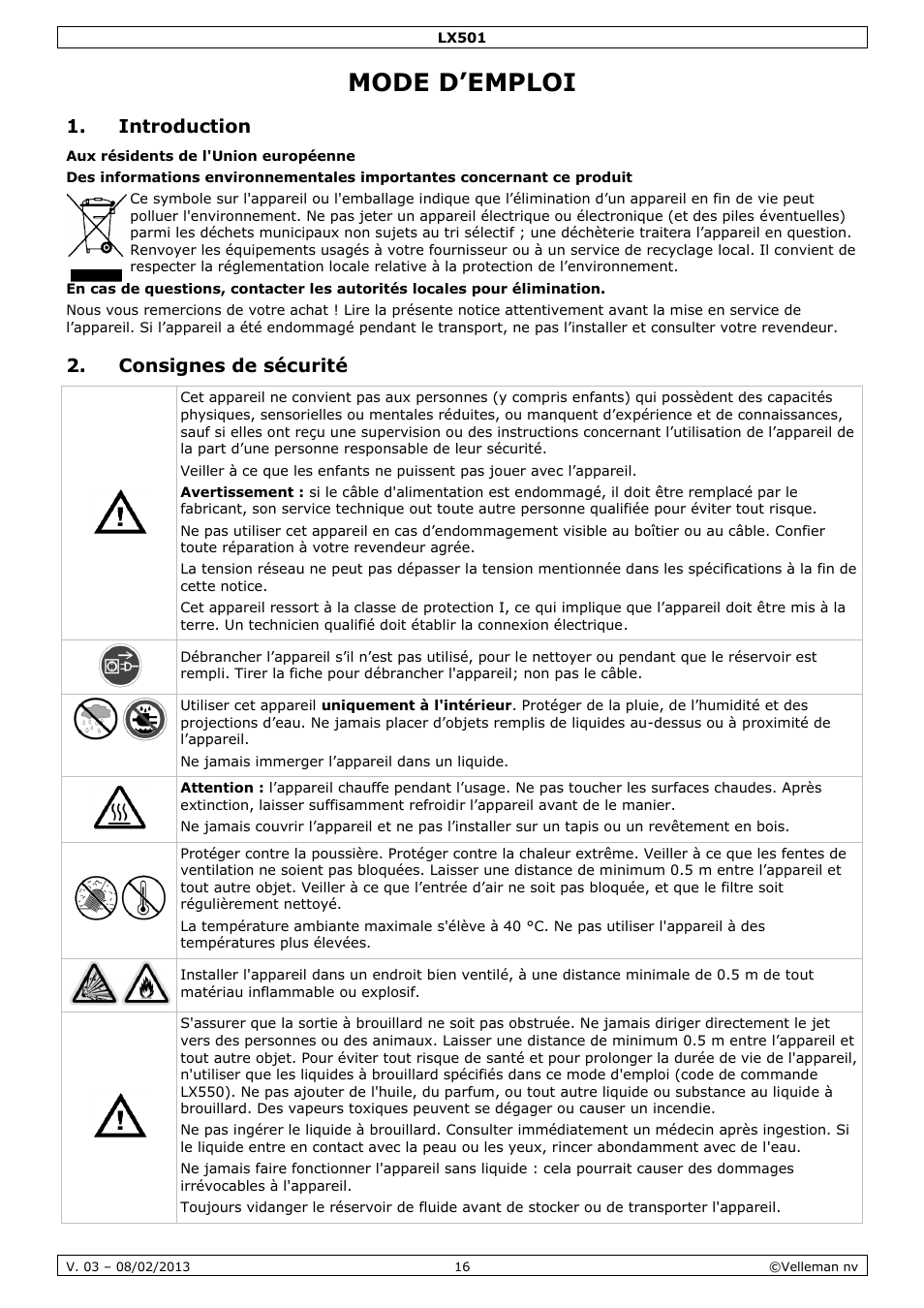 Mode d’emploi, Introduction, Consignes de sécurité | Mode d‟emploi | Velleman LX501 User Manual | Page 16 / 33
