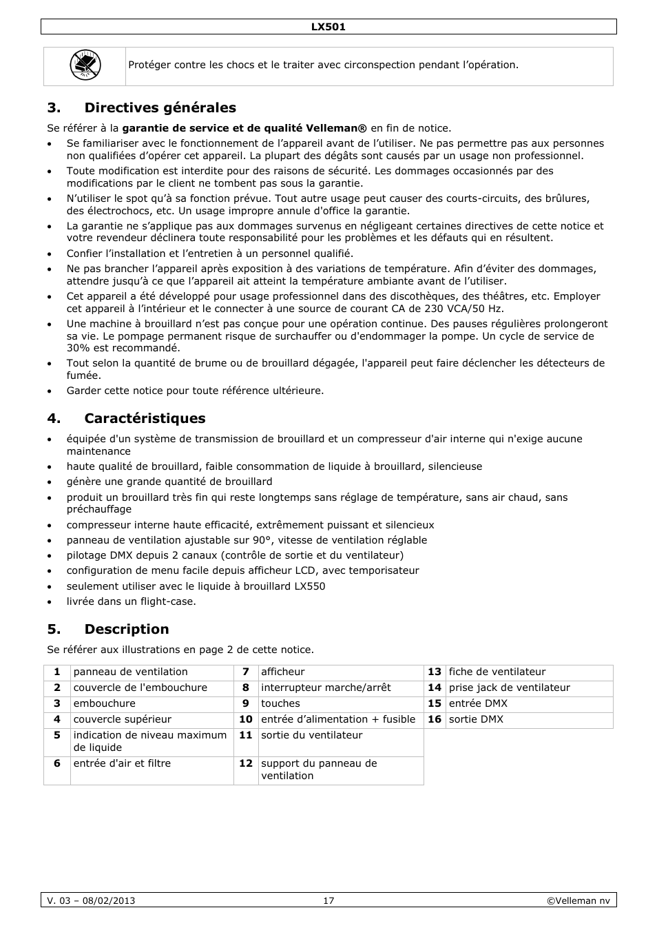 Directives générales, Caractéristiques, Description | Velleman LX501 User Manual | Page 17 / 33