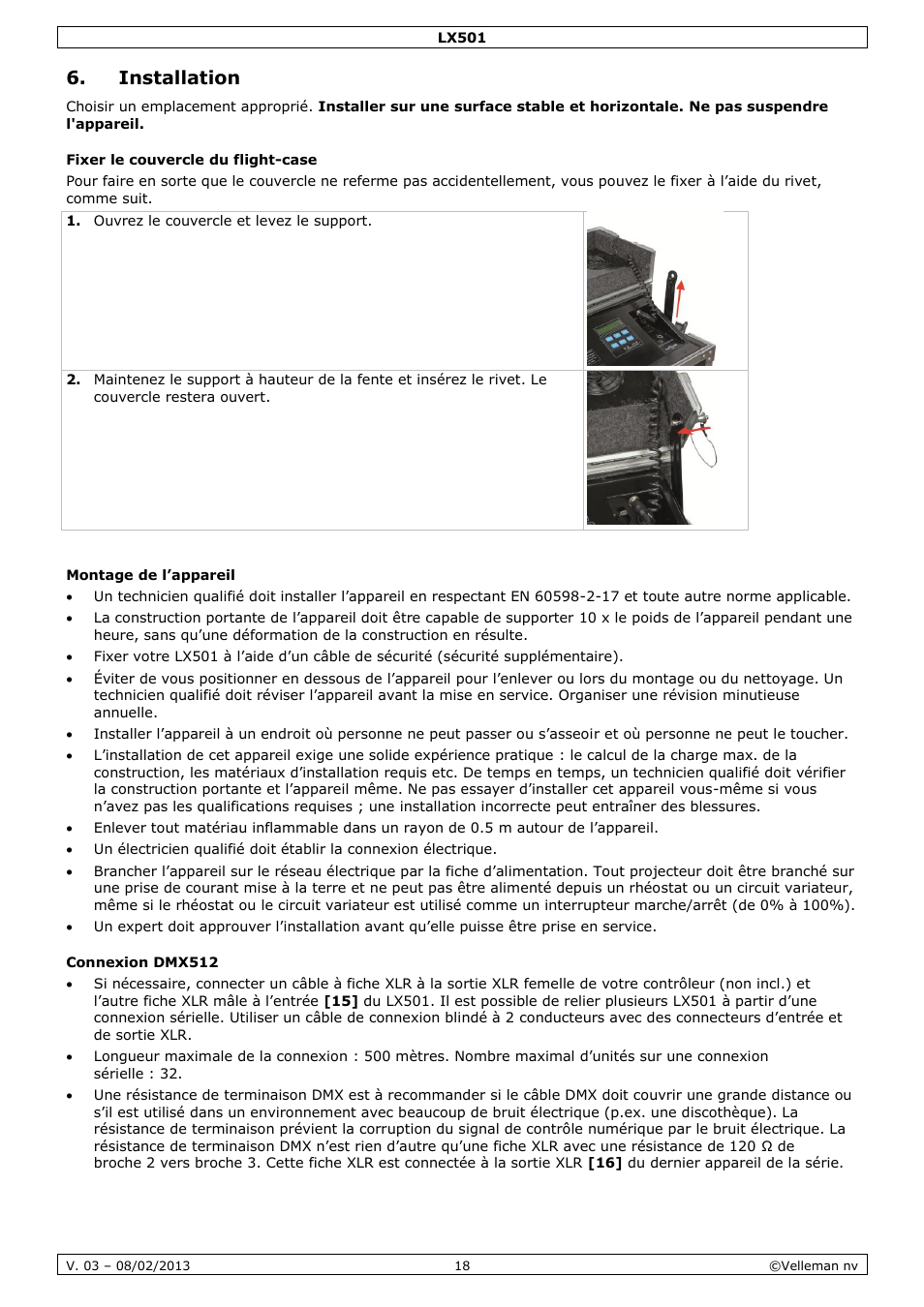 Installation, Fixer le couvercle du flight-case, Montage de l’appareil | Connexion dmx512 | Velleman LX501 User Manual | Page 18 / 33