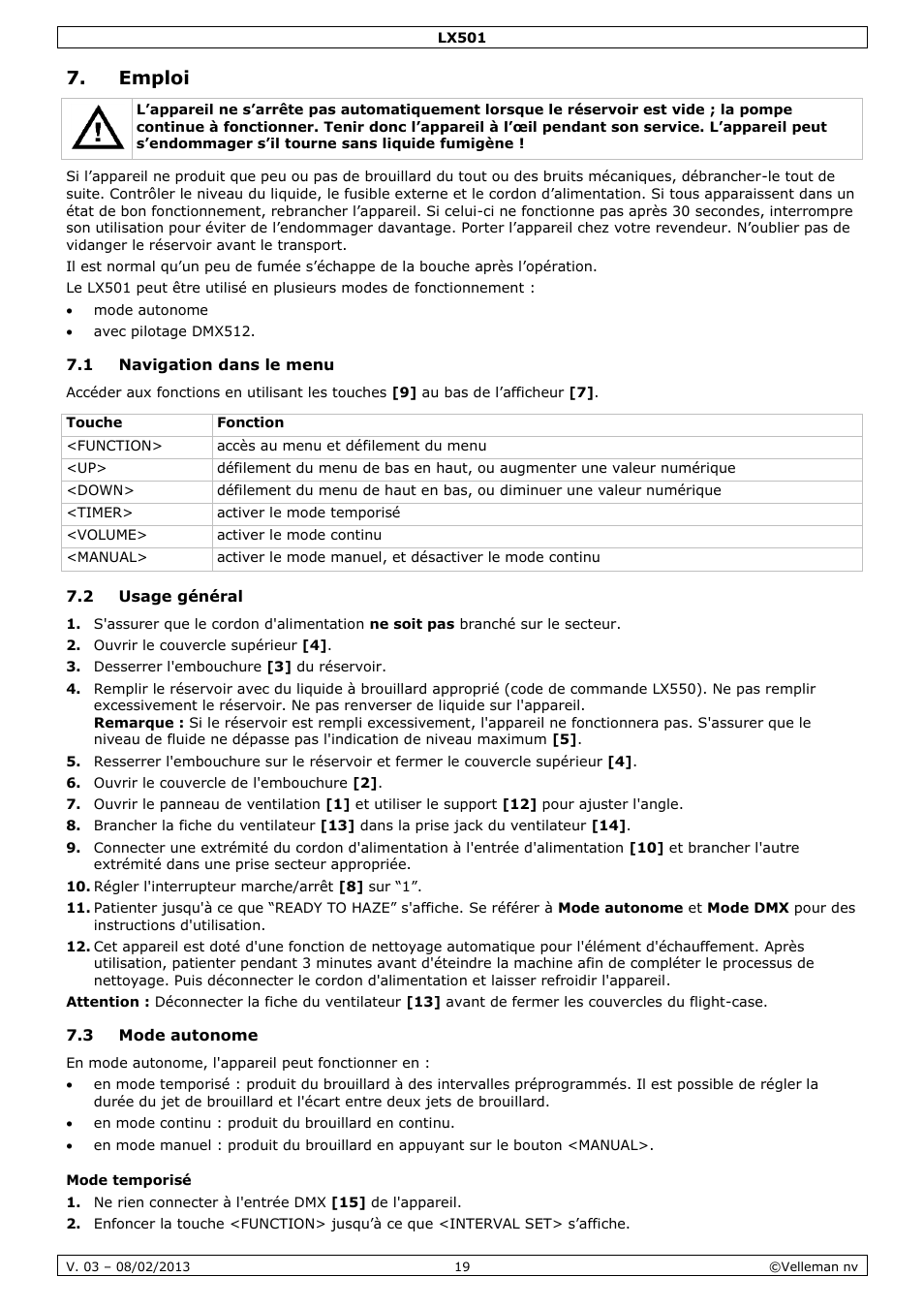 Emploi, 1 navigation dans le menu, 2 usage général | 3 mode autonome, Mode temporisé | Velleman LX501 User Manual | Page 19 / 33