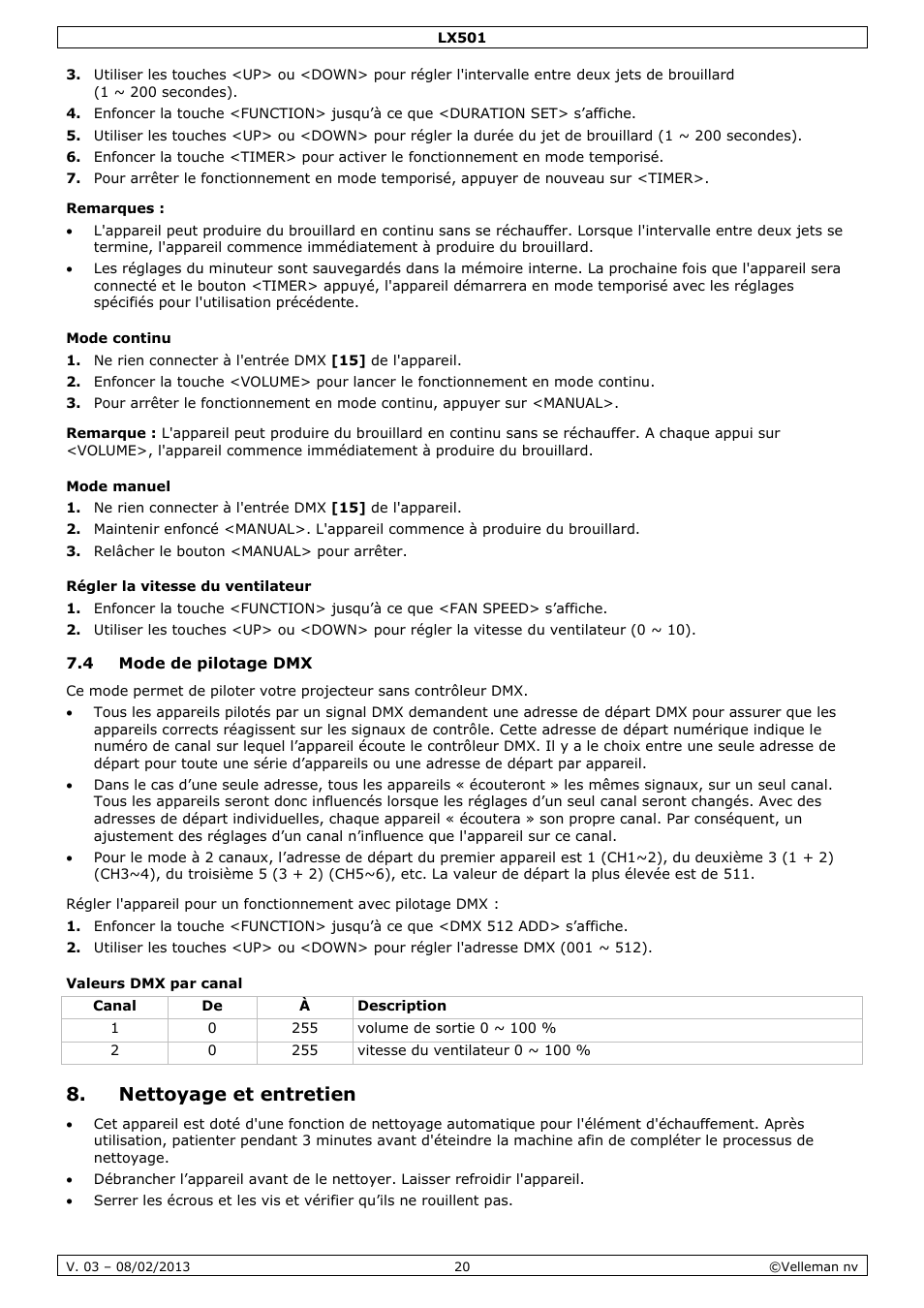 Mode continu, Mode manuel, Régler la vitesse du ventilateur | 4 mode de pilotage dmx, Valeurs dmx par canal, Nettoyage et entretien | Velleman LX501 User Manual | Page 20 / 33