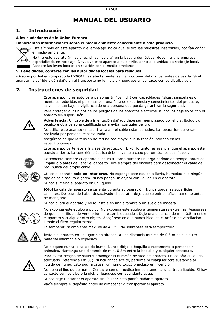 Manual del usuario, Introducción, Instrucciones de seguridad | Velleman LX501 User Manual | Page 22 / 33