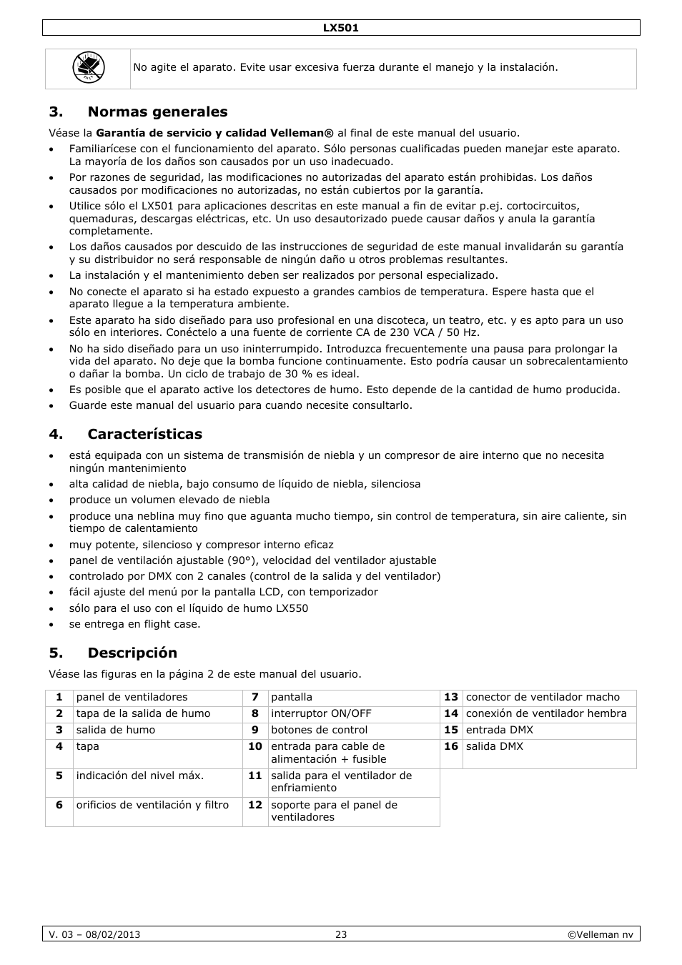 Normas generales, Características, Descripción | Velleman LX501 User Manual | Page 23 / 33