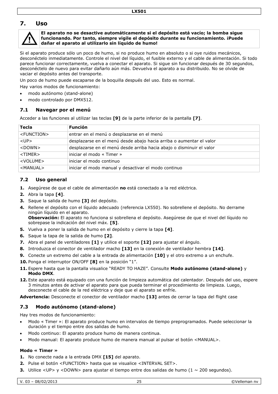 1 navegar por el menú, 2 uso general, 3 modo autónomo (stand-alone) | Modo « timer | Velleman LX501 User Manual | Page 25 / 33