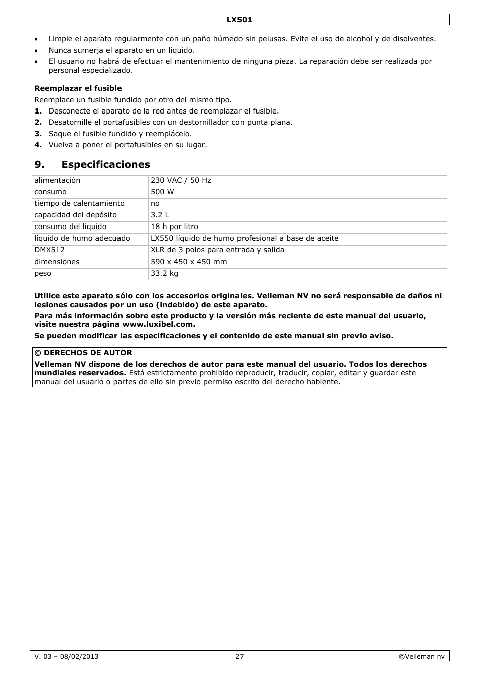 Reemplazar el fusible, Especificaciones | Velleman LX501 User Manual | Page 27 / 33