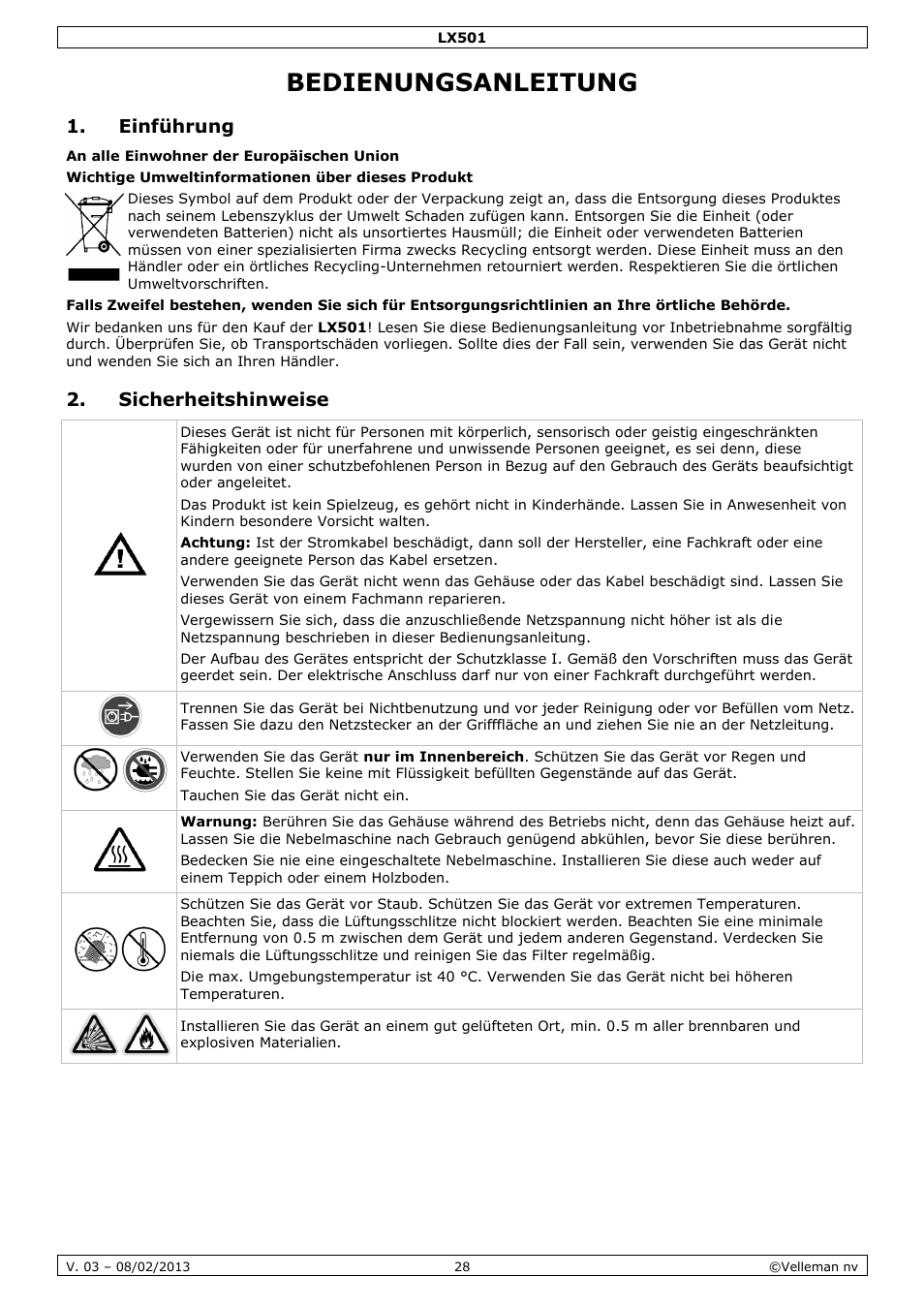 Bedienungsanleitung, Einführung, Sicherheitshinweise | Velleman LX501 User Manual | Page 28 / 33