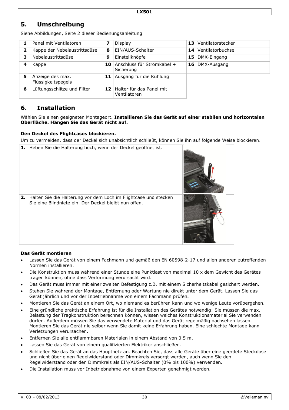 Umschreibung, Installation, Den deckel des flightcases blockieren | Das gerät montieren | Velleman LX501 User Manual | Page 30 / 33