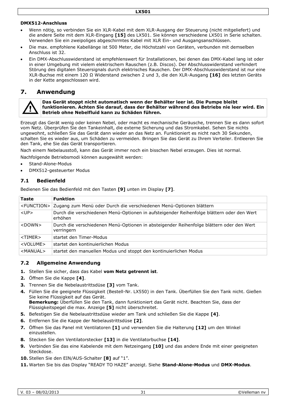 Dmx512-anschluss, Anwendung, 1 bedienfeld | 2 allgemeine anwendung | Velleman LX501 User Manual | Page 31 / 33