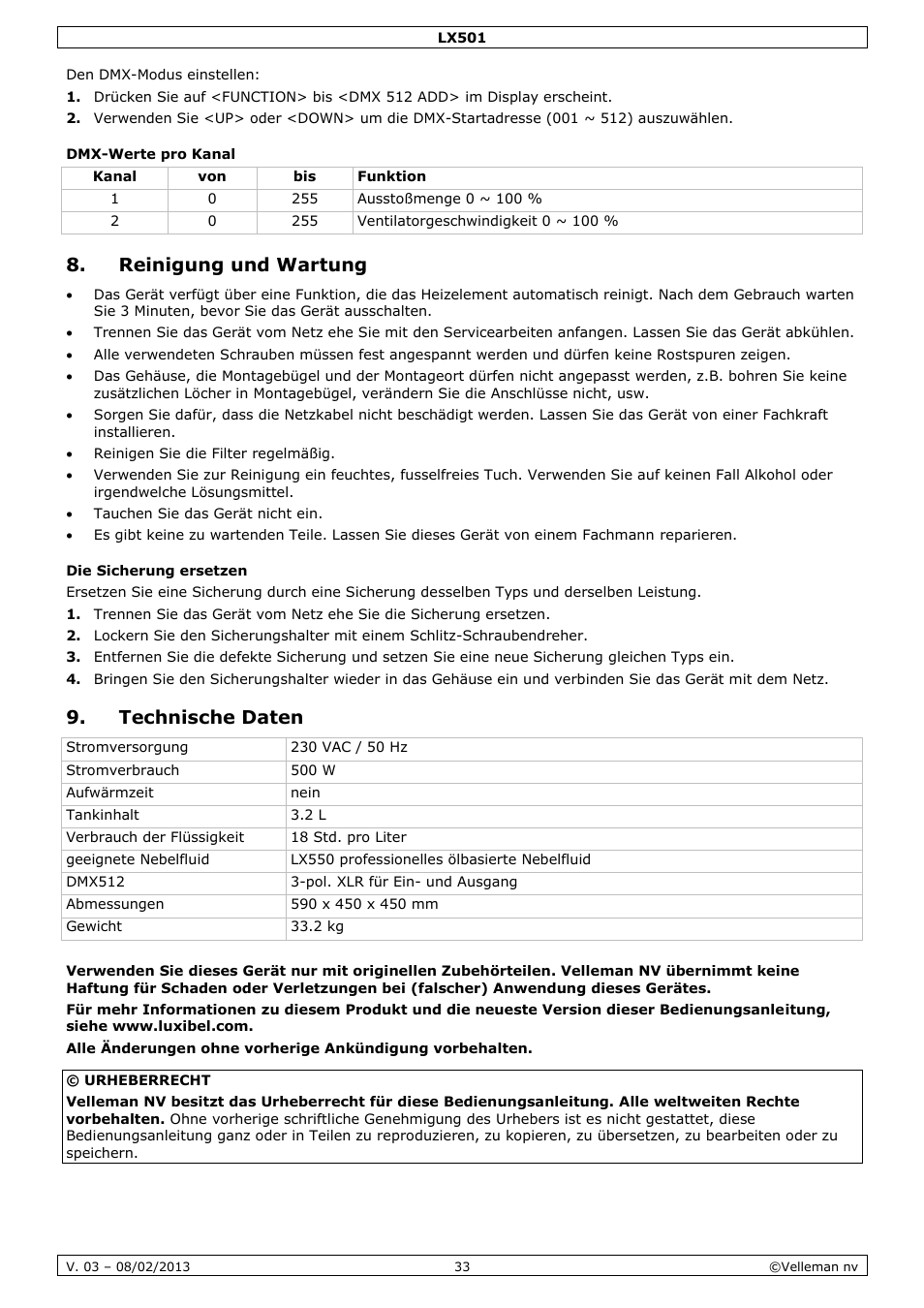 Dmx-werte pro kanal, Reinigung und wartung, Die sicherung ersetzen | Technische daten | Velleman LX501 User Manual | Page 33 / 33