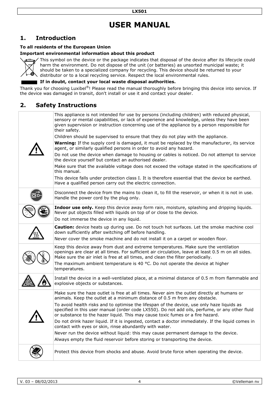 User manual, Introduction, Safety instructions | Velleman LX501 User Manual | Page 4 / 33