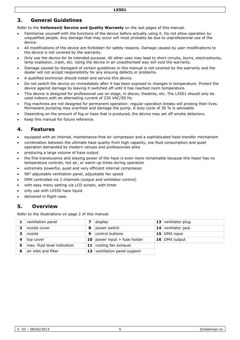 General guidelines, Features, Overview | Velleman LX501 User Manual | Page 5 / 33