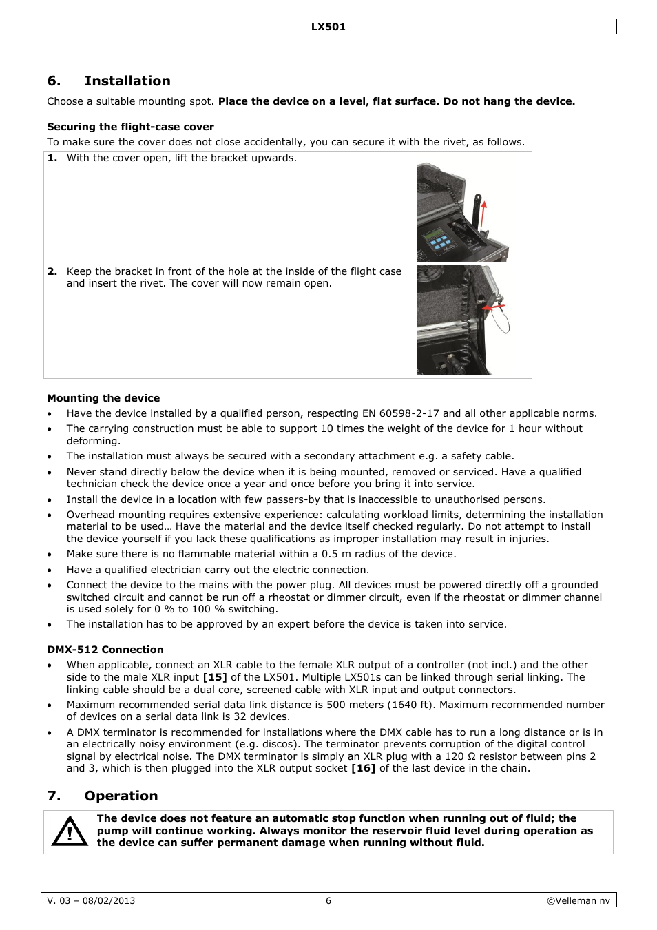 Installation, Securing the flight-case cover, Mounting the device | Dmx-512 connection, Operation | Velleman LX501 User Manual | Page 6 / 33