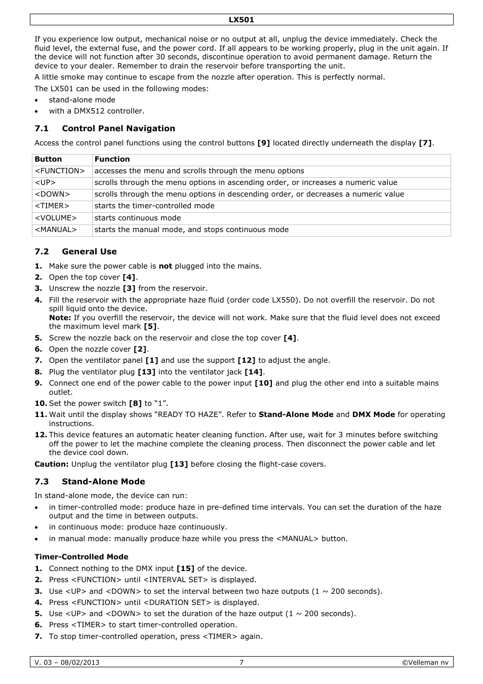 1 control panel navigation, 2 general use, 3 stand-alone mode | Timer-controlled mode | Velleman LX501 User Manual | Page 7 / 33