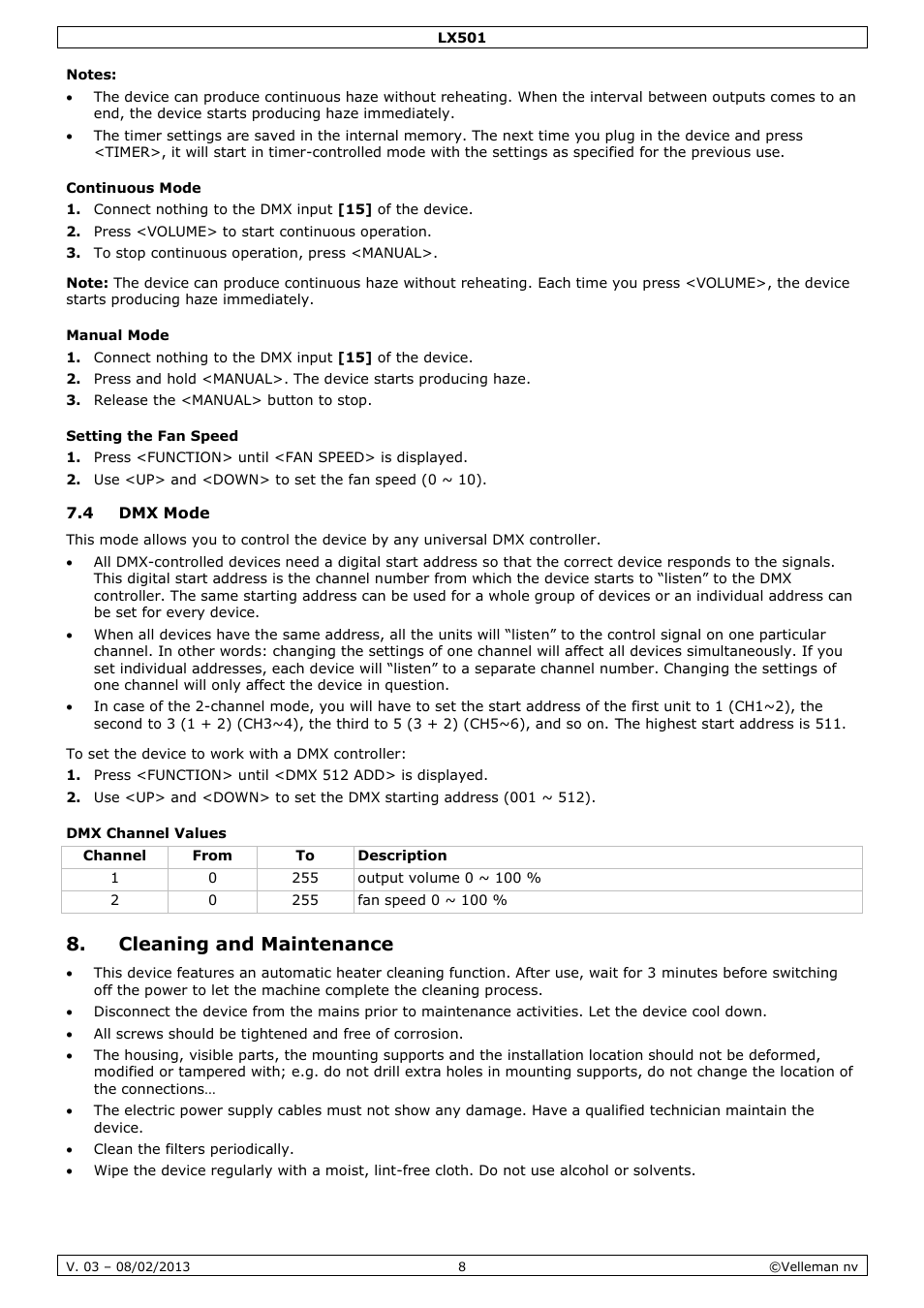 Continuous mode, Manual mode, Setting the fan speed | 4 dmx mode, Dmx channel values, Cleaning and maintenance | Velleman LX501 User Manual | Page 8 / 33