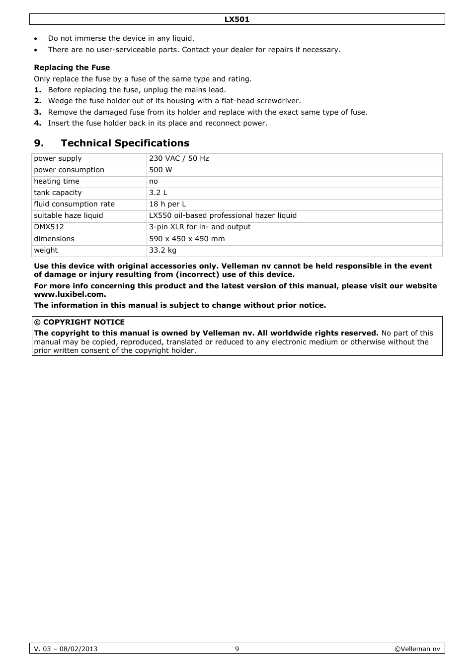 Replacing the fuse, Technical specifications | Velleman LX501 User Manual | Page 9 / 33
