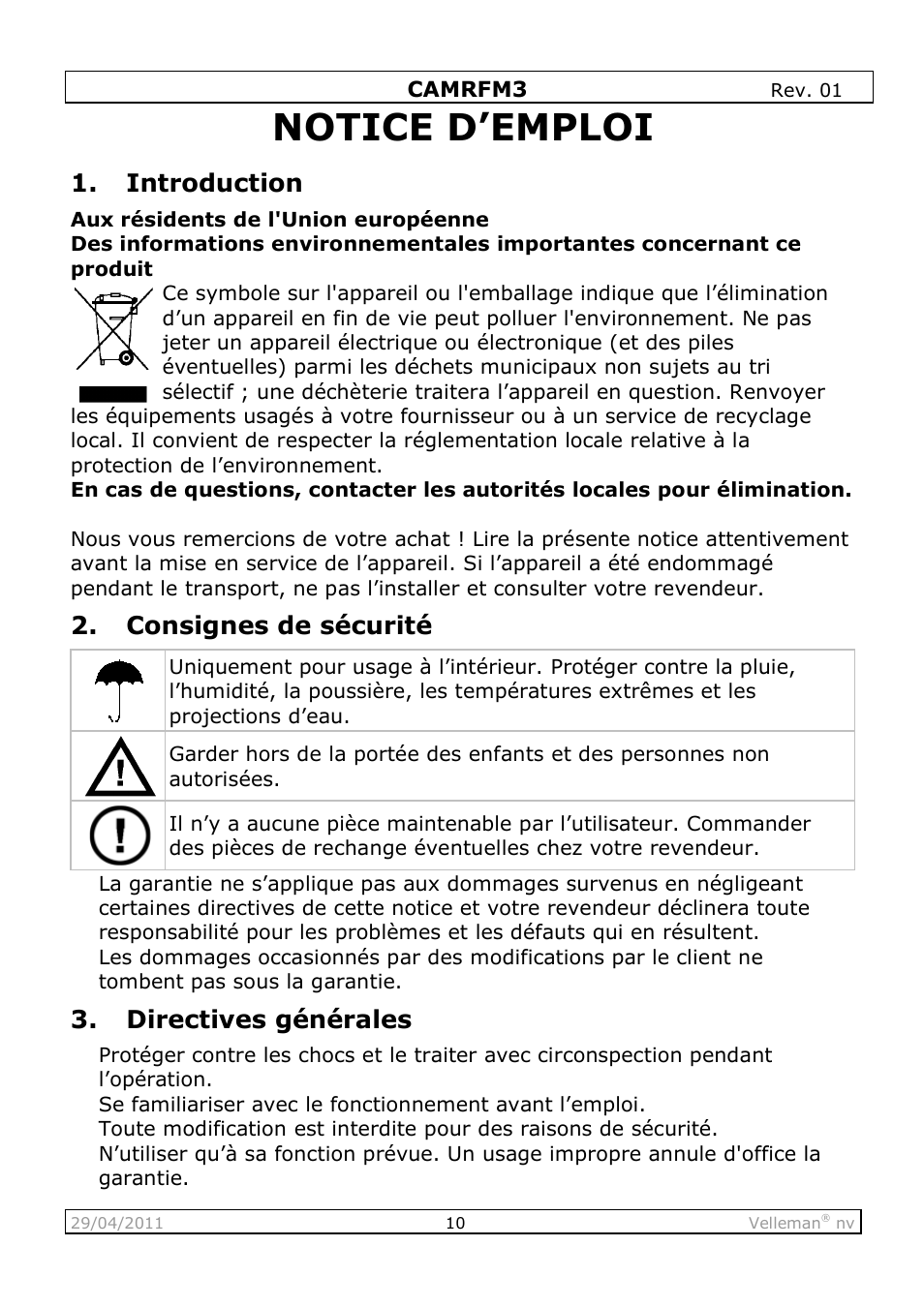 Notice d’emploi, Introduction, Consignes de sécurité | Directives générales | Velleman CAMRFM3 User Manual | Page 10 / 22