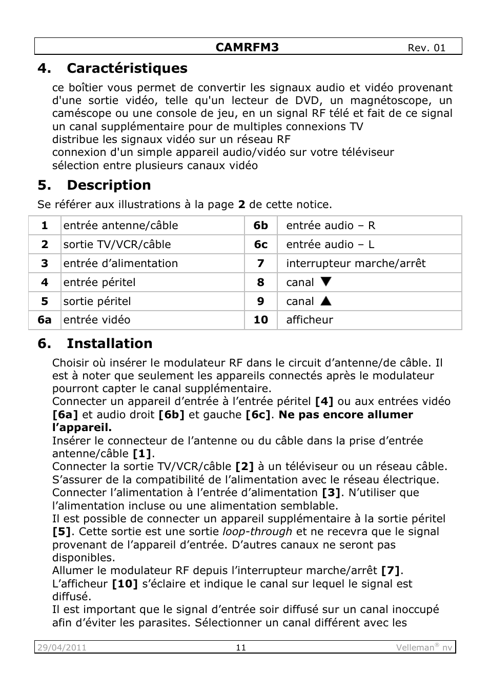 Caractéristiques, Description, Installation | Velleman CAMRFM3 User Manual | Page 11 / 22