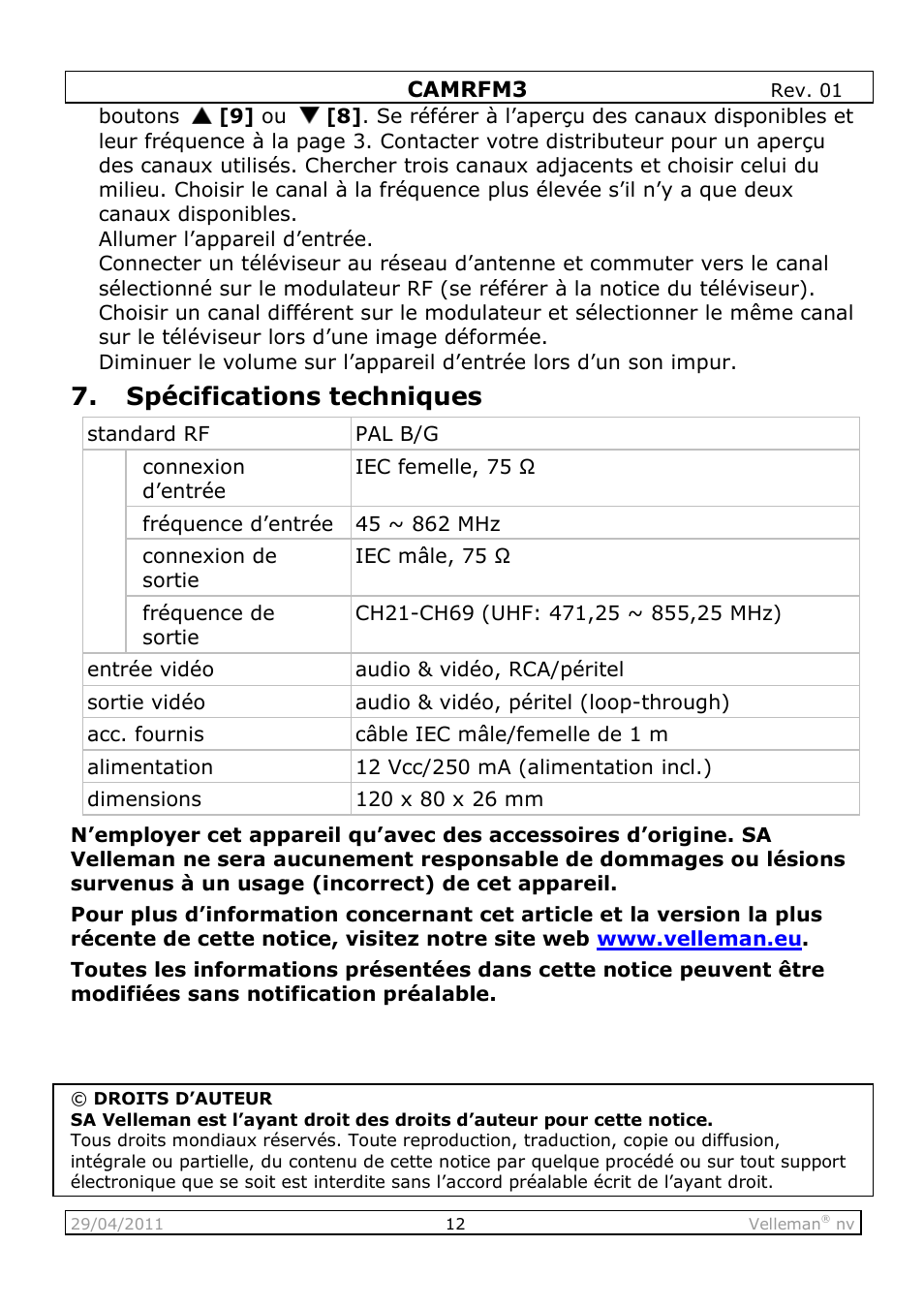 Spécifications techniques | Velleman CAMRFM3 User Manual | Page 12 / 22