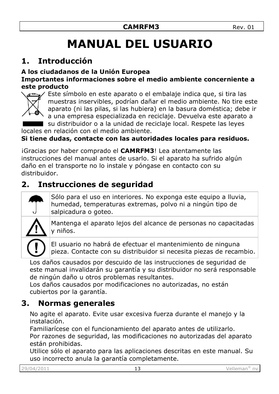 Manual del usuario, Introducción, Instrucciones de seguridad | Normas generales | Velleman CAMRFM3 User Manual | Page 13 / 22