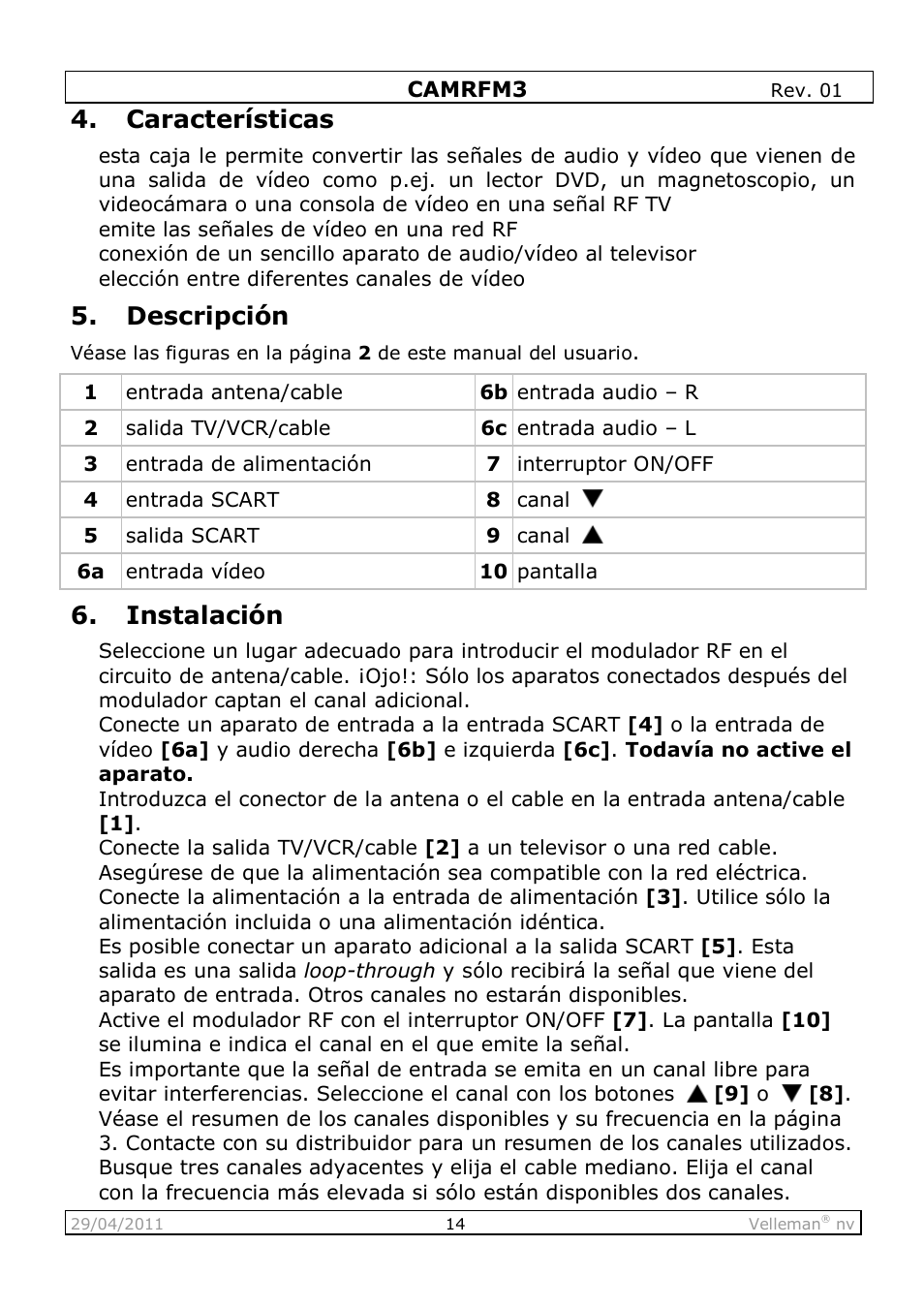 Características, Descripción, Instalación | Velleman CAMRFM3 User Manual | Page 14 / 22