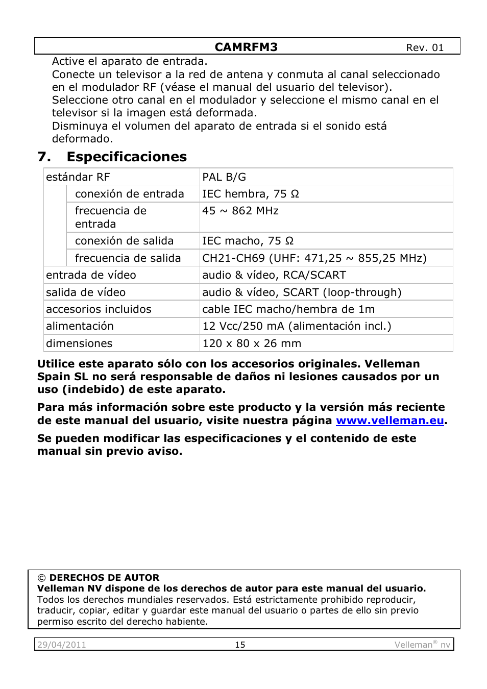 Especificaciones | Velleman CAMRFM3 User Manual | Page 15 / 22