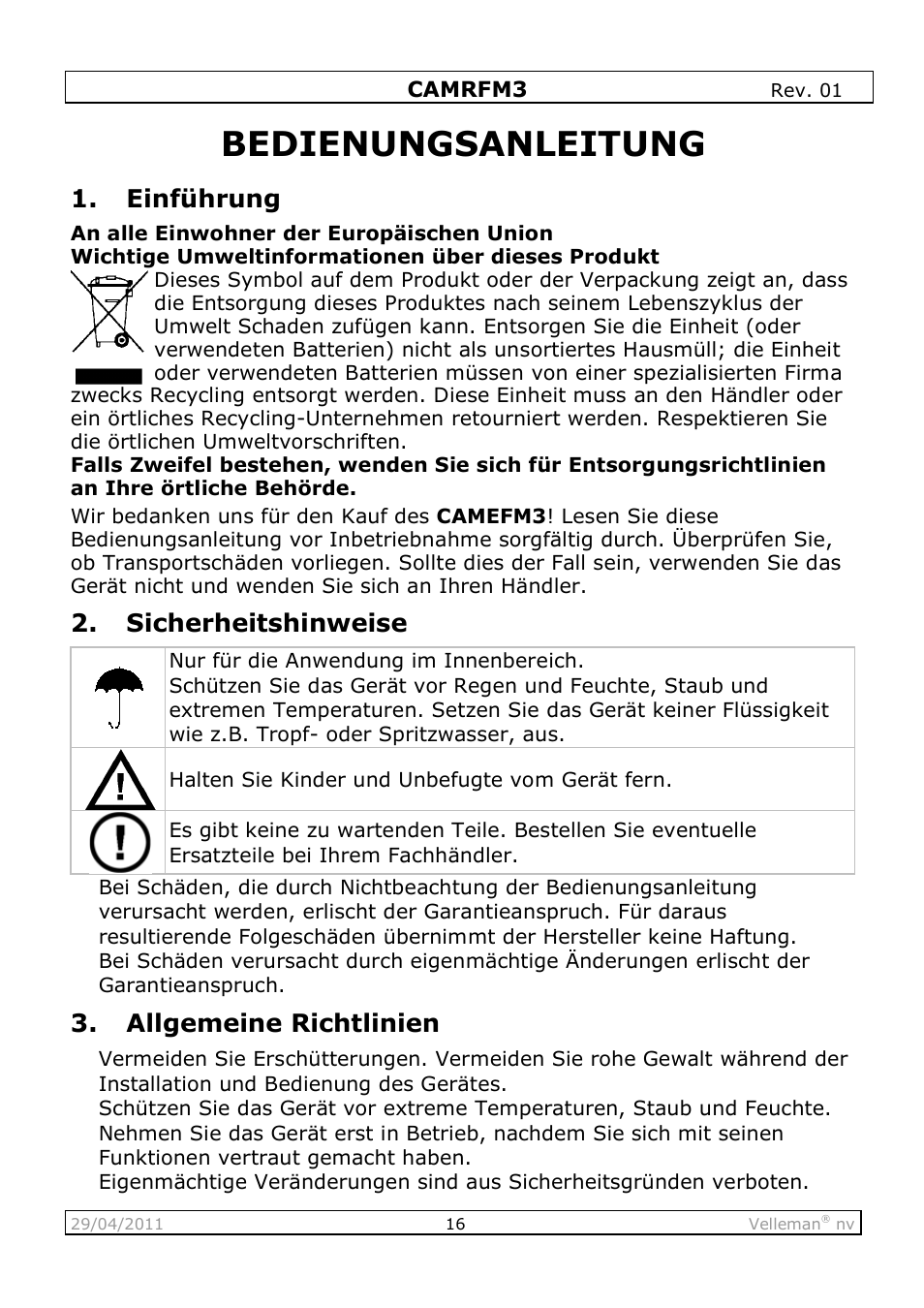 Bedienungsanleitung, Einführung, Sicherheitshinweise | Allgemeine richtlinien | Velleman CAMRFM3 User Manual | Page 16 / 22