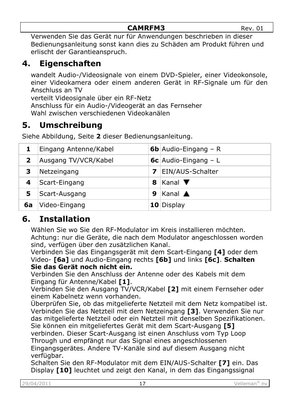 Eigenschaften, Umschreibung, Installation | Velleman CAMRFM3 User Manual | Page 17 / 22