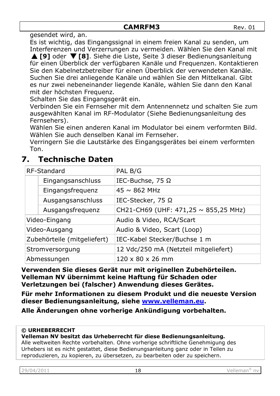 Technische daten | Velleman CAMRFM3 User Manual | Page 18 / 22