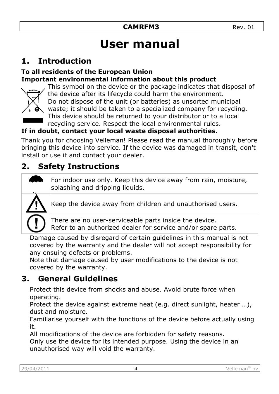 User manual, Introduction, Safety instructions | General guidelines | Velleman CAMRFM3 User Manual | Page 4 / 22