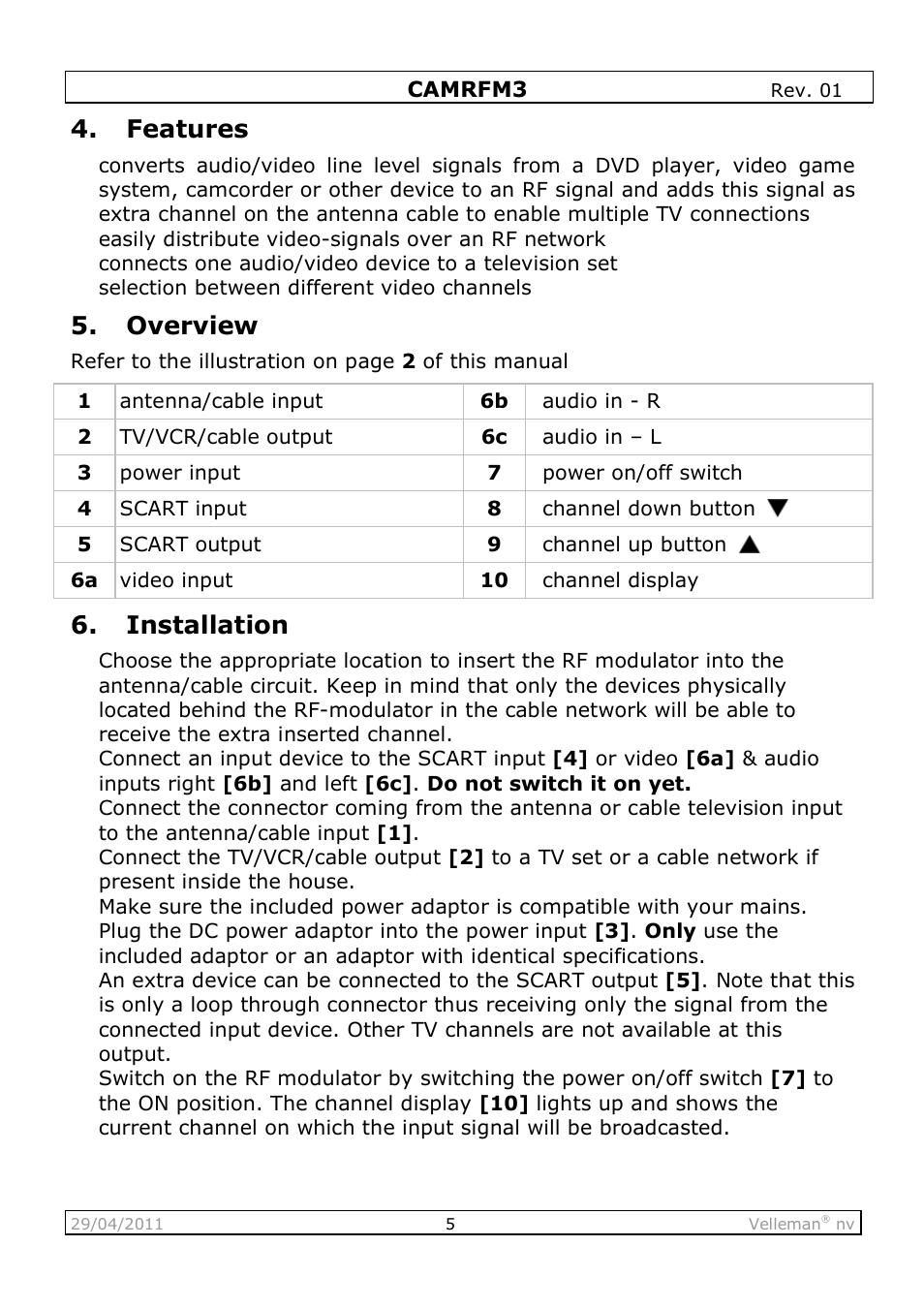 Features, Overview, Installation | Velleman CAMRFM3 User Manual | Page 5 / 22