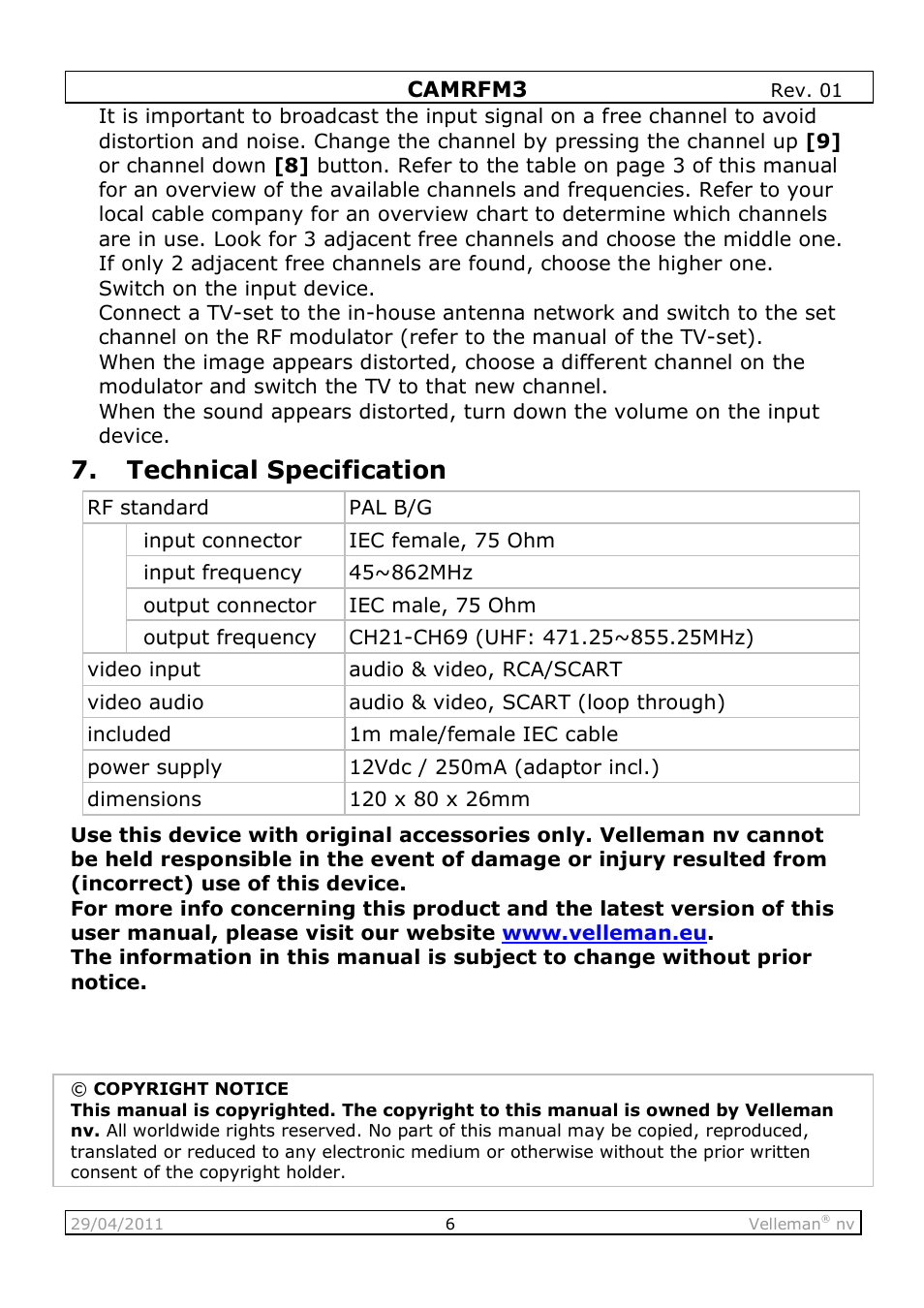 Technical specification | Velleman CAMRFM3 User Manual | Page 6 / 22