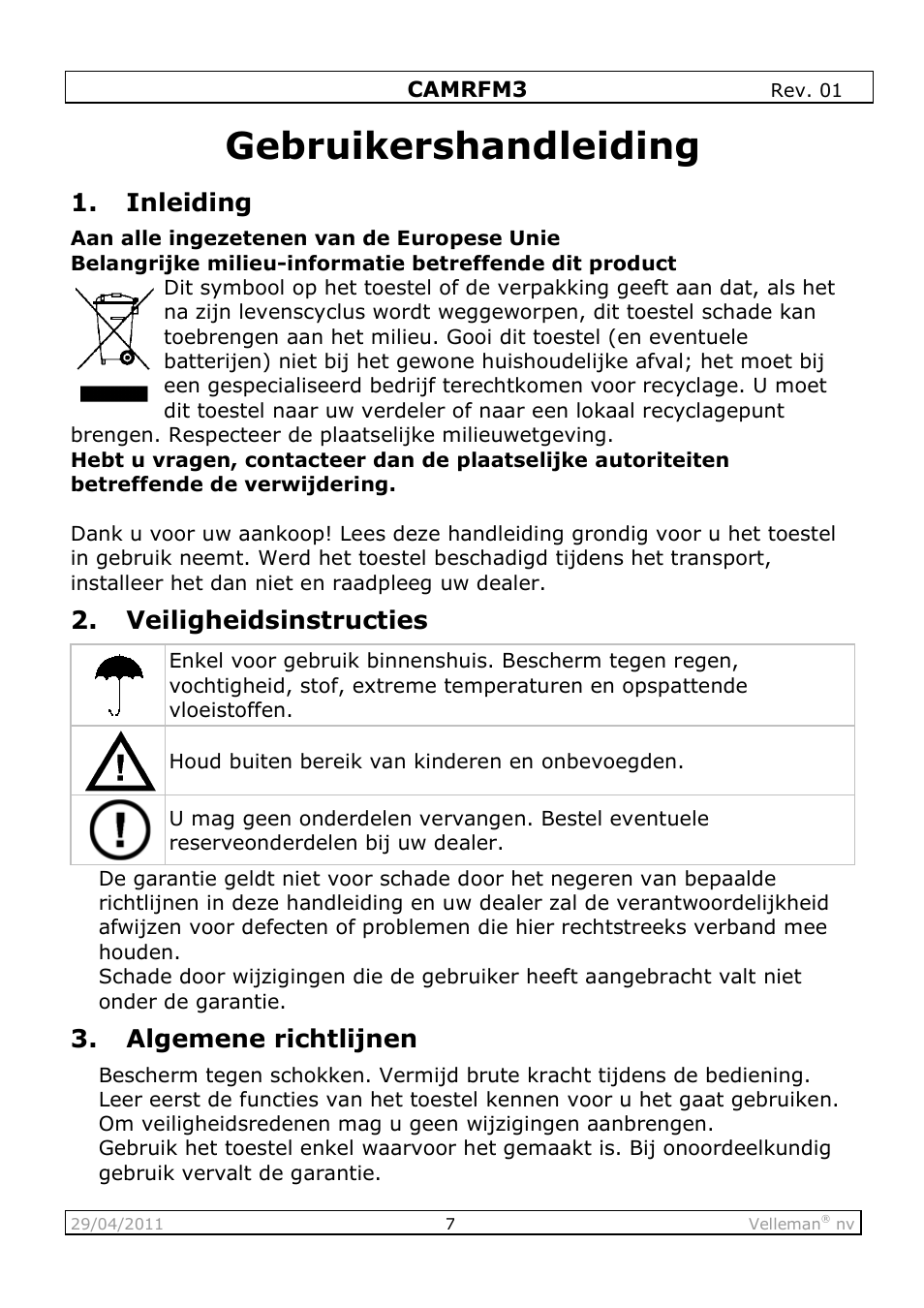 Gebruikershandleiding, Inleiding, Veiligheidsinstructies | Algemene richtlijnen | Velleman CAMRFM3 User Manual | Page 7 / 22