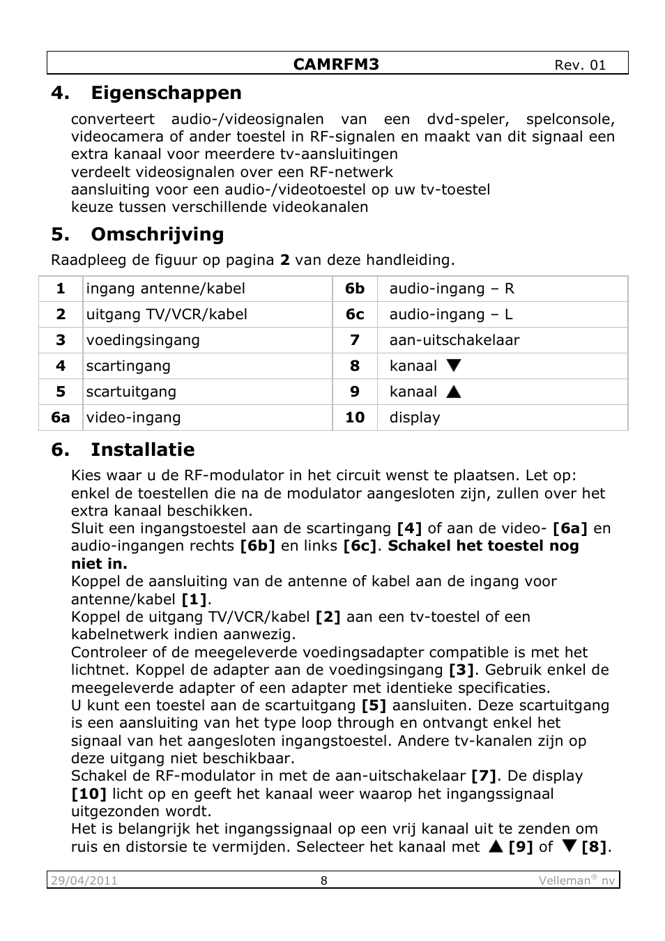 Eigenschappen, Omschrijving, Installatie | Velleman CAMRFM3 User Manual | Page 8 / 22