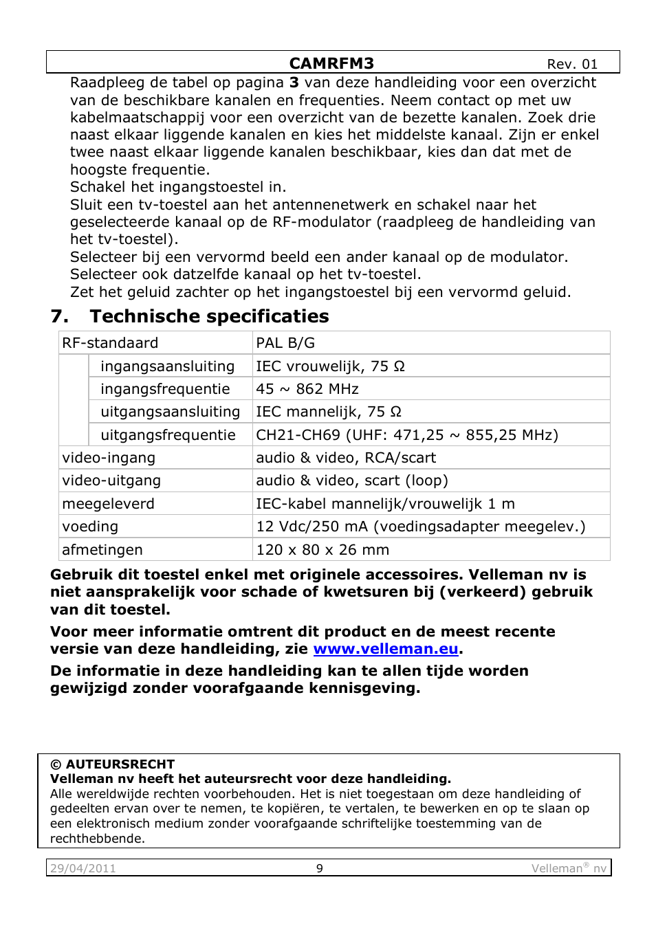 Technische specificaties | Velleman CAMRFM3 User Manual | Page 9 / 22